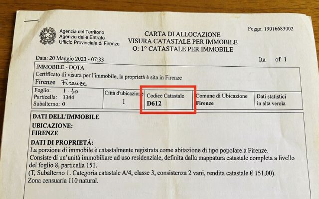 Estratto di una visura catastale per immobile con il campo "Codice Catastale" evidenziato, contenente il codice D612 relativo al Comune di Firenze