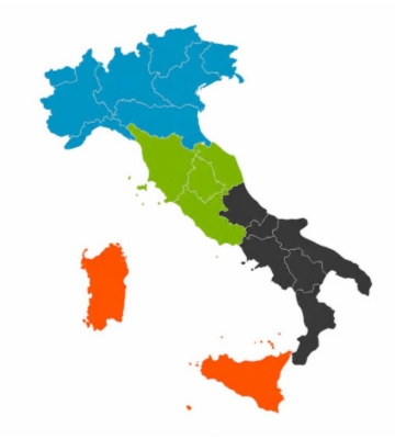 Cartina dell'Italia con le Regioni colorate per area geografica: Nord, Centro, Sud e Isole